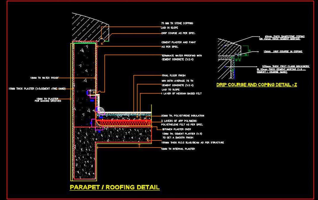 Roof Parapet Wall Sectional Drawing with Coping Detail